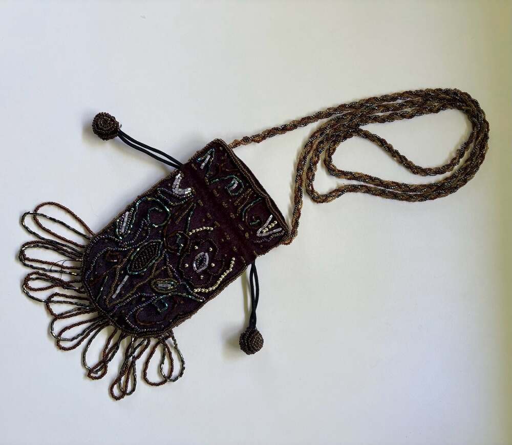 Vintage Beaded Velvet Drawstring Crossbody Pouch with Fringe and Beaded Strap